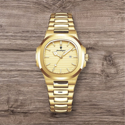 “Luxury waterproof square women’s watch with luminous date, stainless steel, quartz movement.”