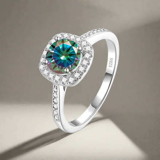 “1-carat colored moissanite ring, 925 sterling silver, classic wedding jewelry.”