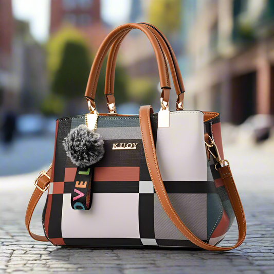 “Luxury women’s plaid handbag, stitching design, shoulder messenger tote, stylish and versatile.”