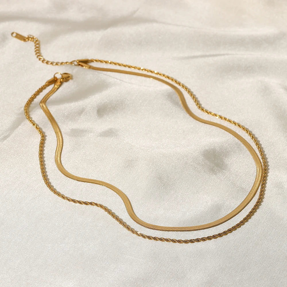 “18K Gold Plated Flat Snake Chain Necklace – Stainless Steel Layered Jewelry Gift”