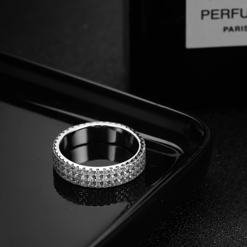 "Full moissanite eternity band, 925 sterling silver, 18K plated, unisex sparkling ring."