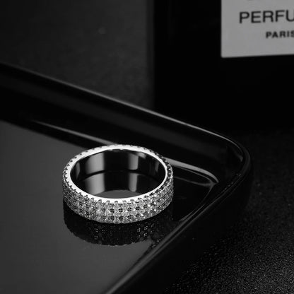 "Full moissanite eternity band, 925 sterling silver, 18K plated, unisex sparkling ring."
