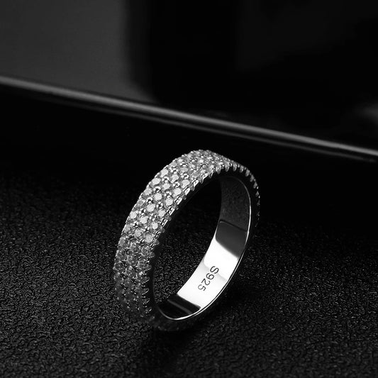 "Full moissanite eternity band, 925 sterling silver, 18K plated, unisex sparkling ring."