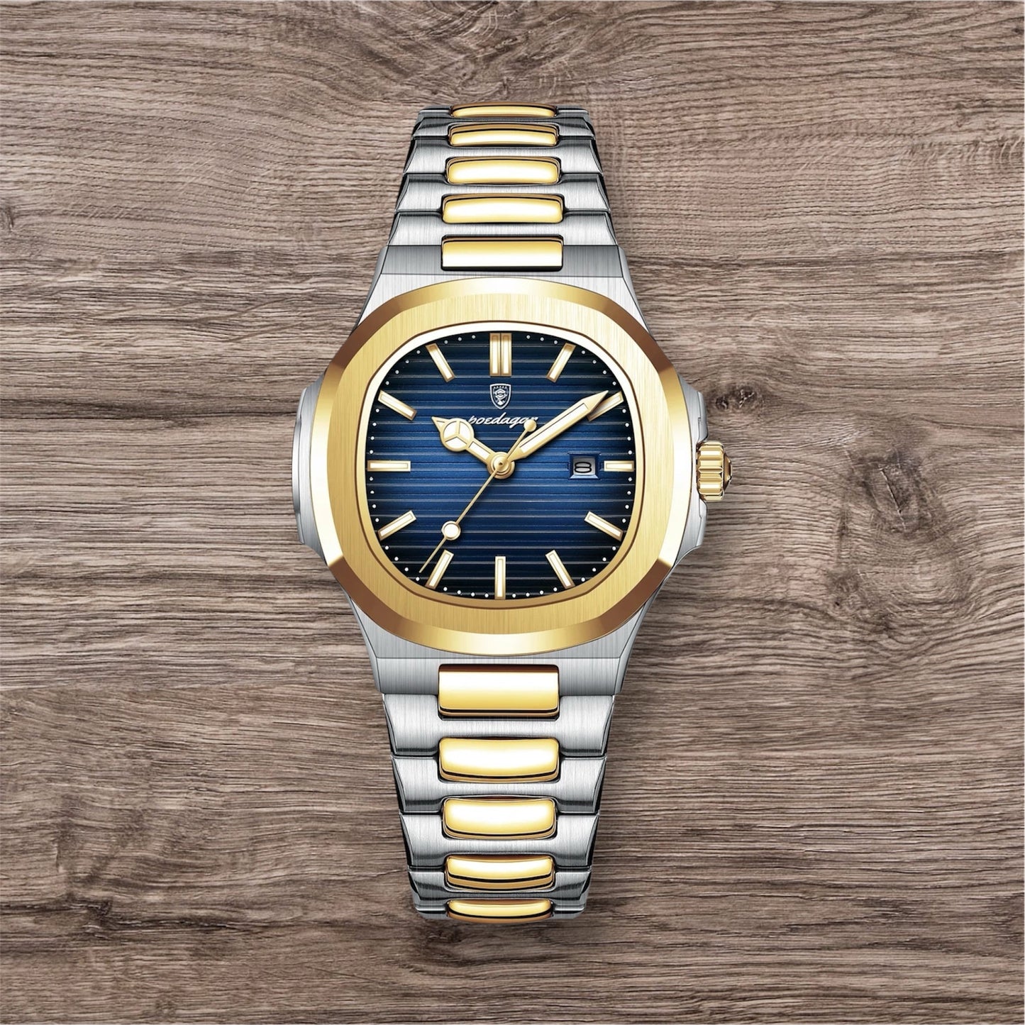 “Luxury waterproof square women’s watch with luminous date, stainless steel, quartz movement.”
