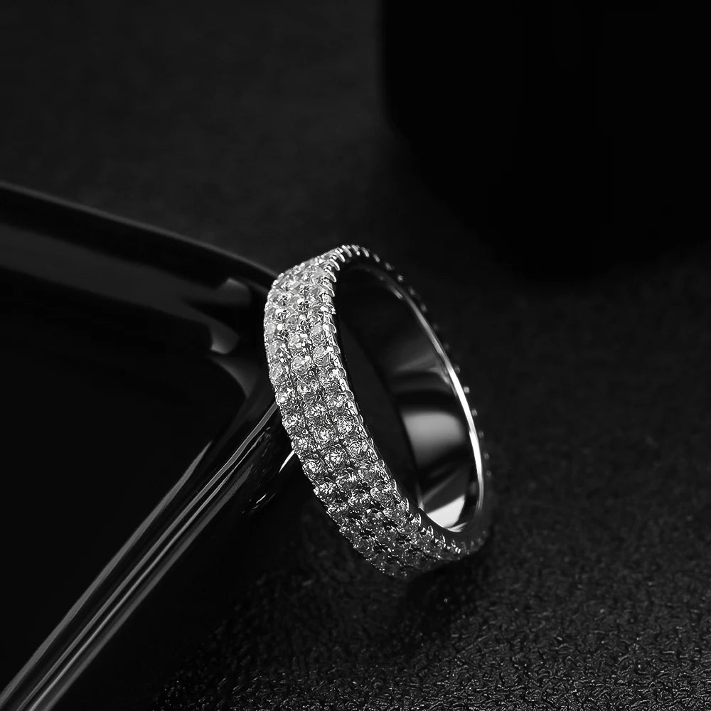 "Full moissanite eternity band, 925 sterling silver, 18K plated, unisex sparkling ring."