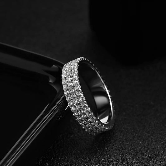 "Full moissanite eternity band, 925 sterling silver, 18K plated, unisex sparkling ring."