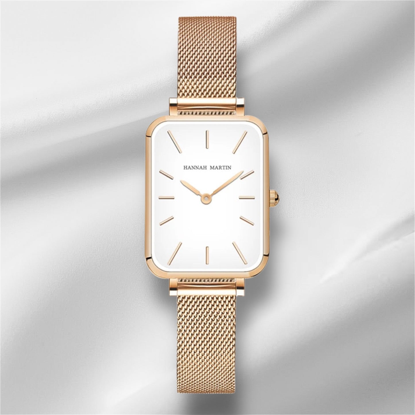 “Square Women’s Stainless Steel Mesh Strap Watch, Rose Gold, Japanese Movement, Fashion.”