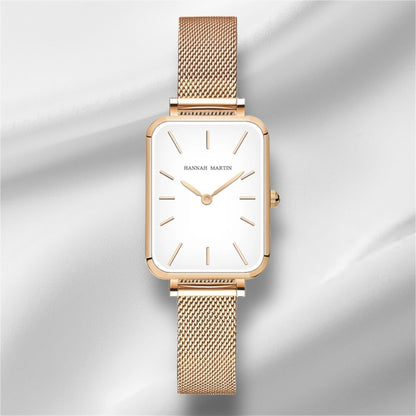 “Square Women’s Stainless Steel Mesh Strap Watch, Rose Gold, Japanese Movement, Fashion.”