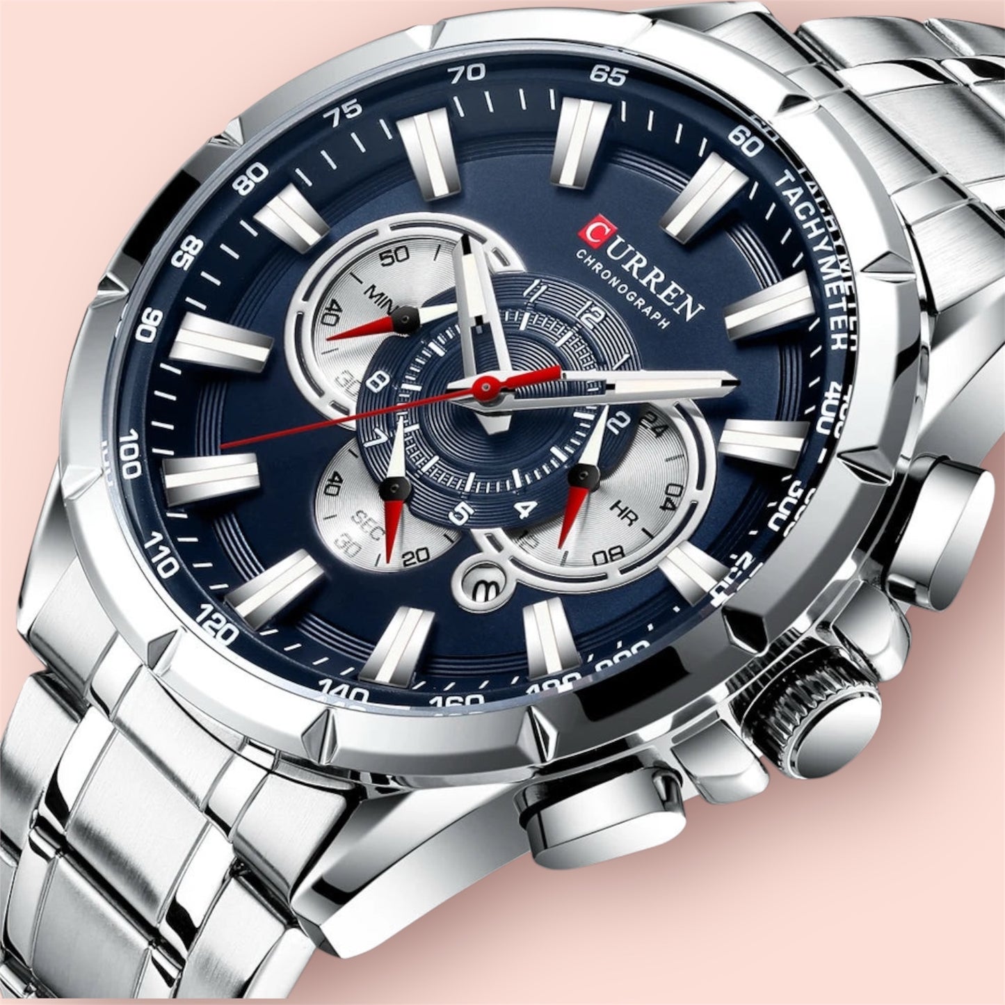 “Casual sport men’s stainless steel watch with big dial, quartz movement, and luminous hands.”
