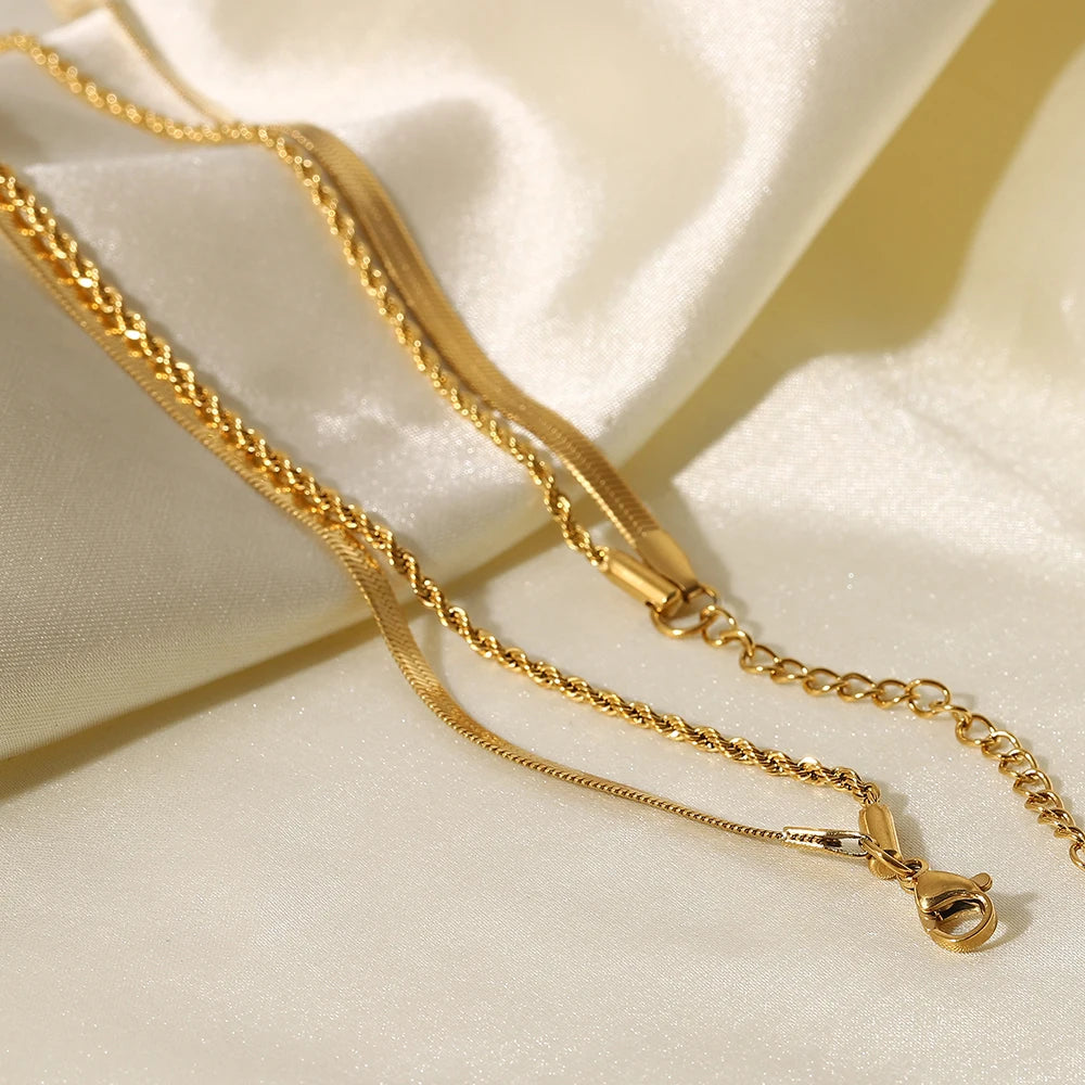 “18K Gold Plated Flat Snake Chain Necklace – Stainless Steel Layered Jewelry Gift”