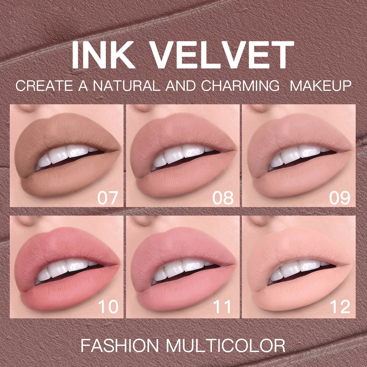 “12-Color Velvet Lip Gloss Matte, Long-Lasting Nude, Natural Look Finish”