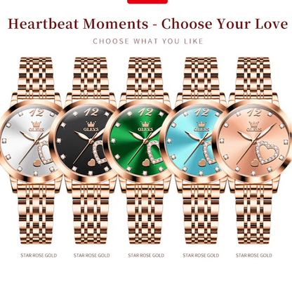 “Love Diamond Inlaid Steel Band Women’s Quartz Watch Elegant Fashion Timepiece.”