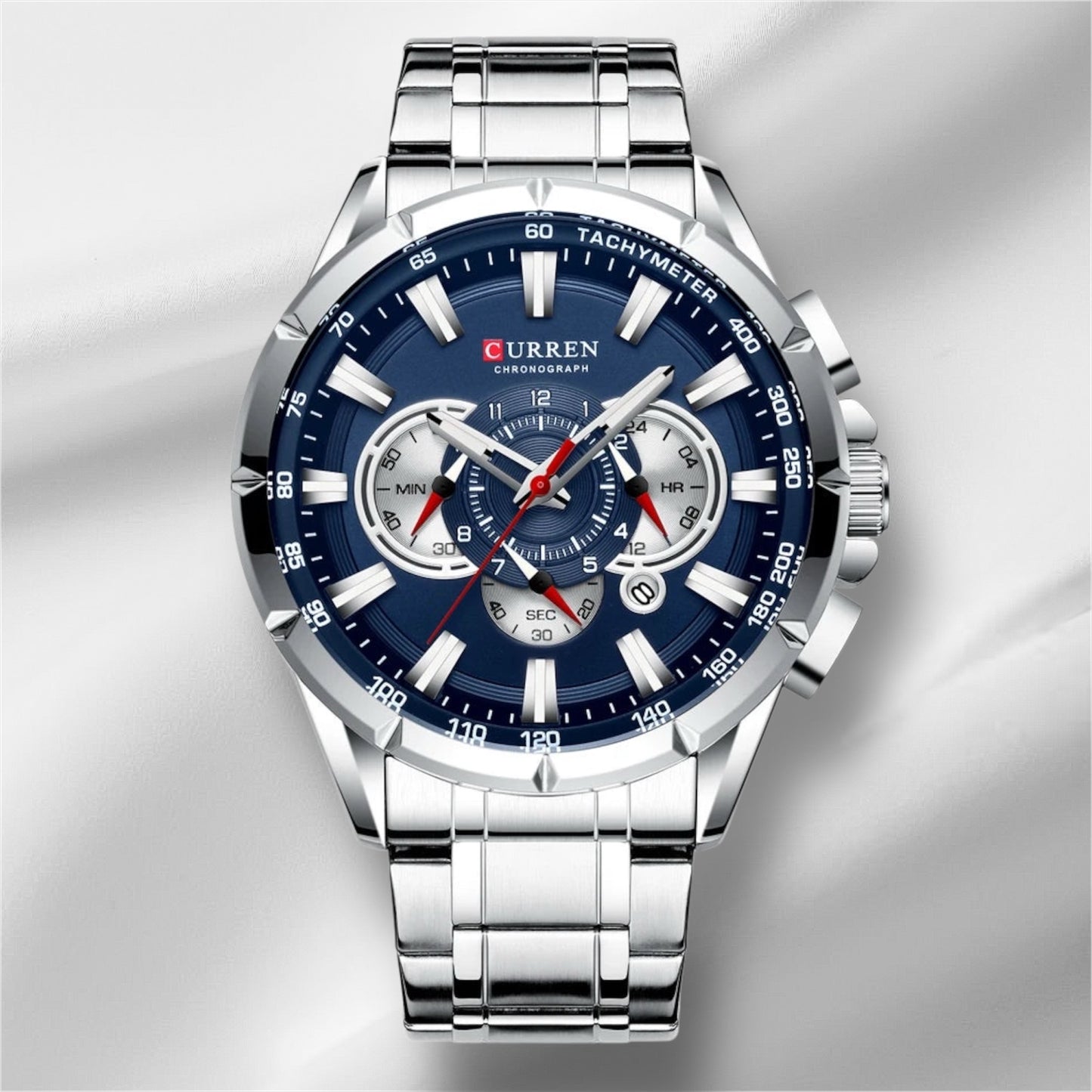 “Casual sport men’s stainless steel watch with big dial, quartz movement, and luminous hands.”
