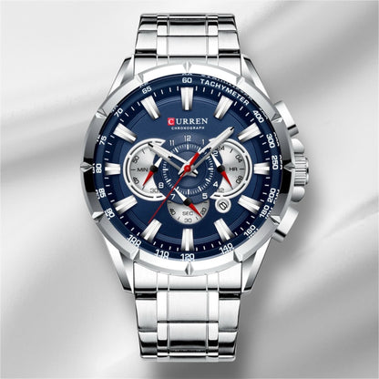 “Casual sport men’s stainless steel watch with big dial, quartz movement, and luminous hands.”