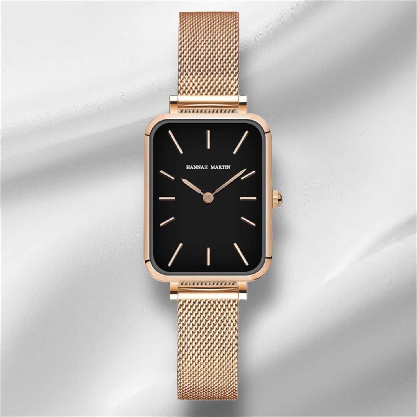 “Square Women’s Stainless Steel Mesh Strap Watch, Rose Gold, Japanese Movement, Fashion.”