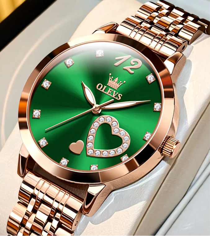“Love Diamond Inlaid Steel Band Women’s Quartz Watch Elegant Fashion Timepiece.”