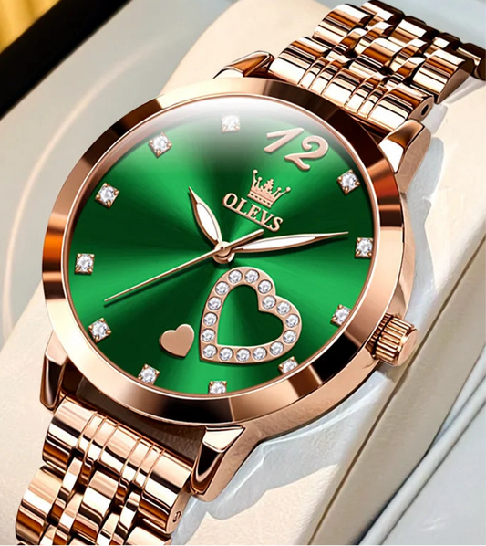 “Love Diamond Inlaid Steel Band Women’s Quartz Watch Elegant Fashion Timepiece.”