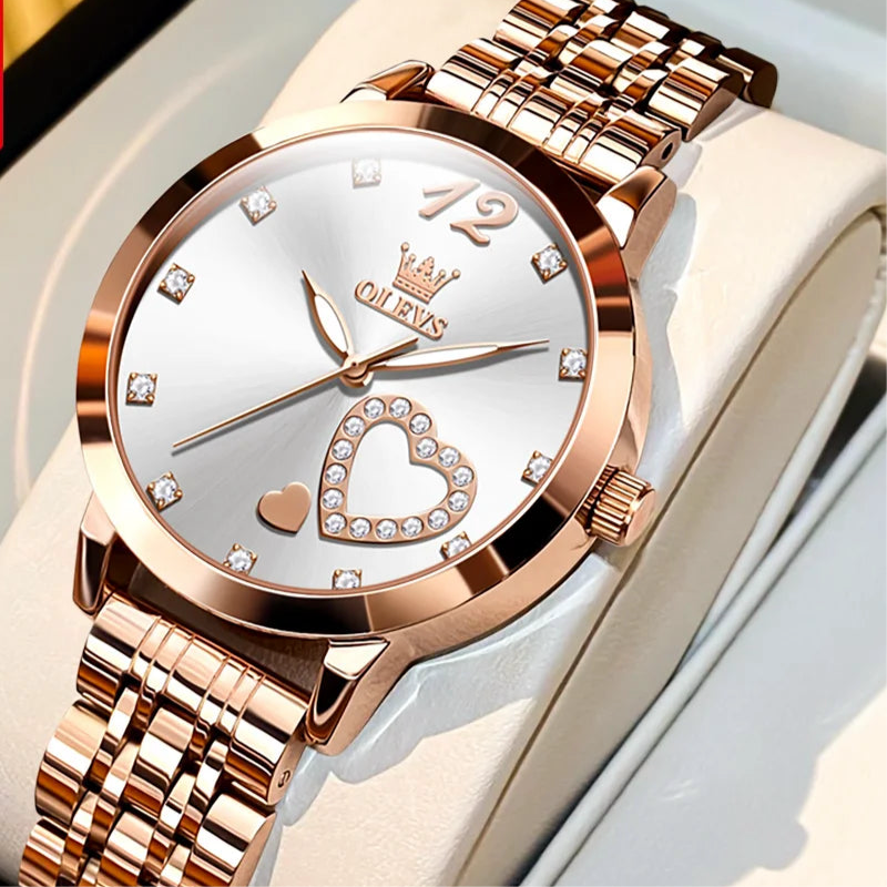 “Love Diamond Inlaid Steel Band Women’s Quartz Watch Elegant Fashion Timepiece.”