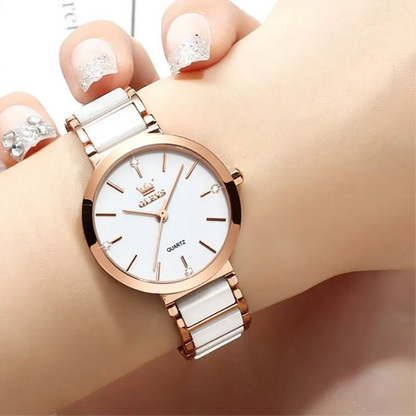 “Women’s Luxury Rose Gold Quartz Watch with Ceramic Strap Elegant Fashion Timepiece.”