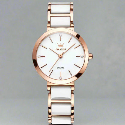 “Women’s Luxury Rose Gold Quartz Watch with Ceramic Strap Elegant Fashion Timepiece.”