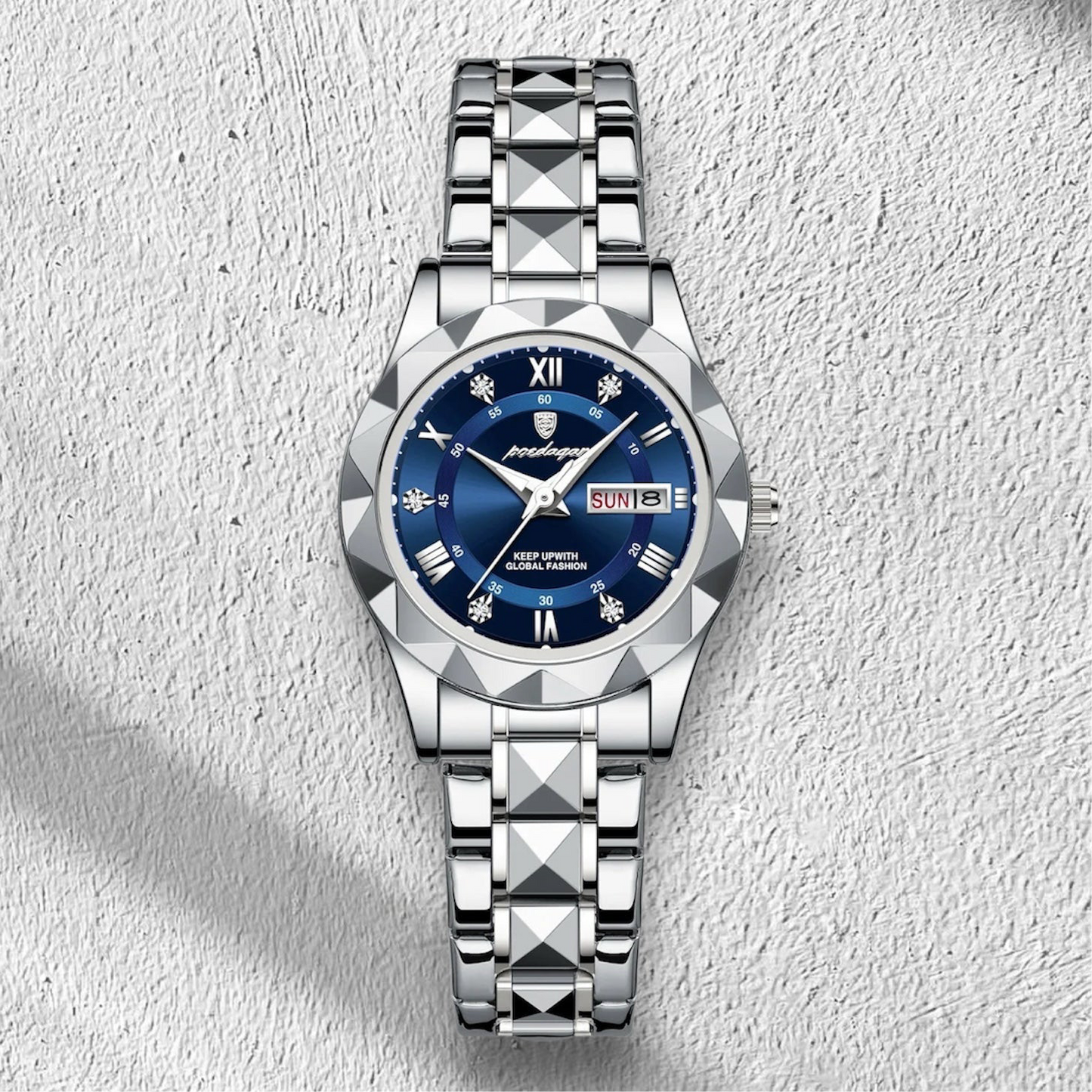 “Elegant waterproof women’s watch with luminous, week, date, stainless steel.”