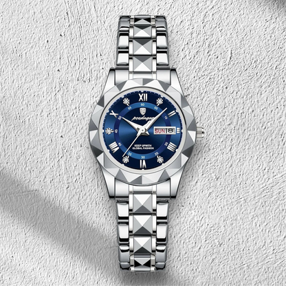“Elegant waterproof women’s watch with luminous, week, date, stainless steel.”