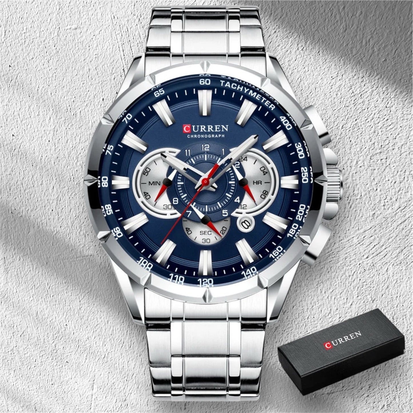 “Casual sport men’s stainless steel watch with big dial, quartz movement, and luminous hands.”