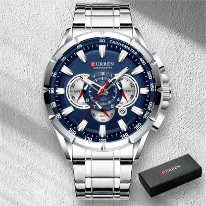 “Casual sport men’s stainless steel watch with big dial, quartz movement, and luminous hands.”