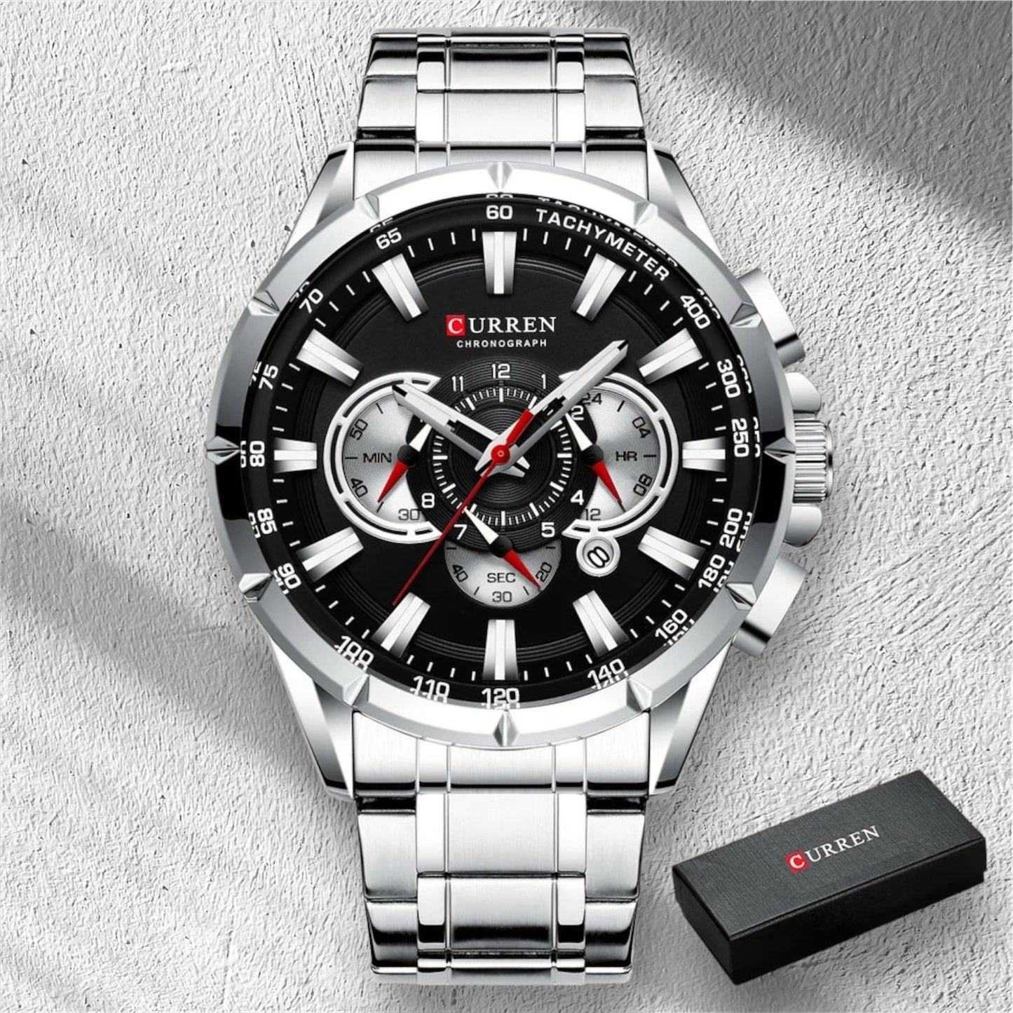 “Casual sport men’s stainless steel watch with big dial, quartz movement, and luminous hands.”