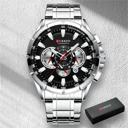 “Casual sport men’s stainless steel watch with big dial, quartz movement, and luminous hands.”