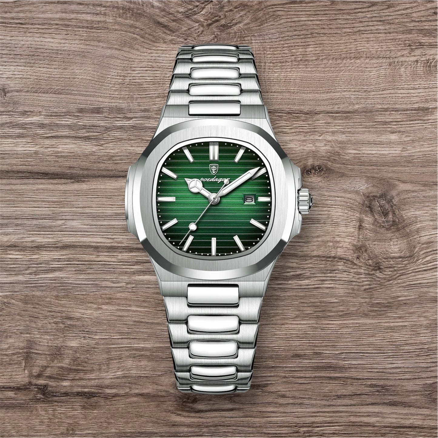 “Luxury waterproof square women’s watch with luminous date, stainless steel, quartz movement.”