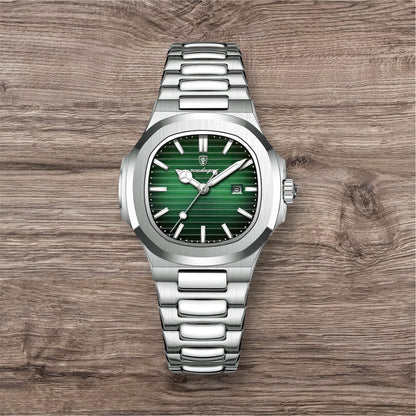 “Luxury waterproof square women’s watch with luminous date, stainless steel, quartz movement.”