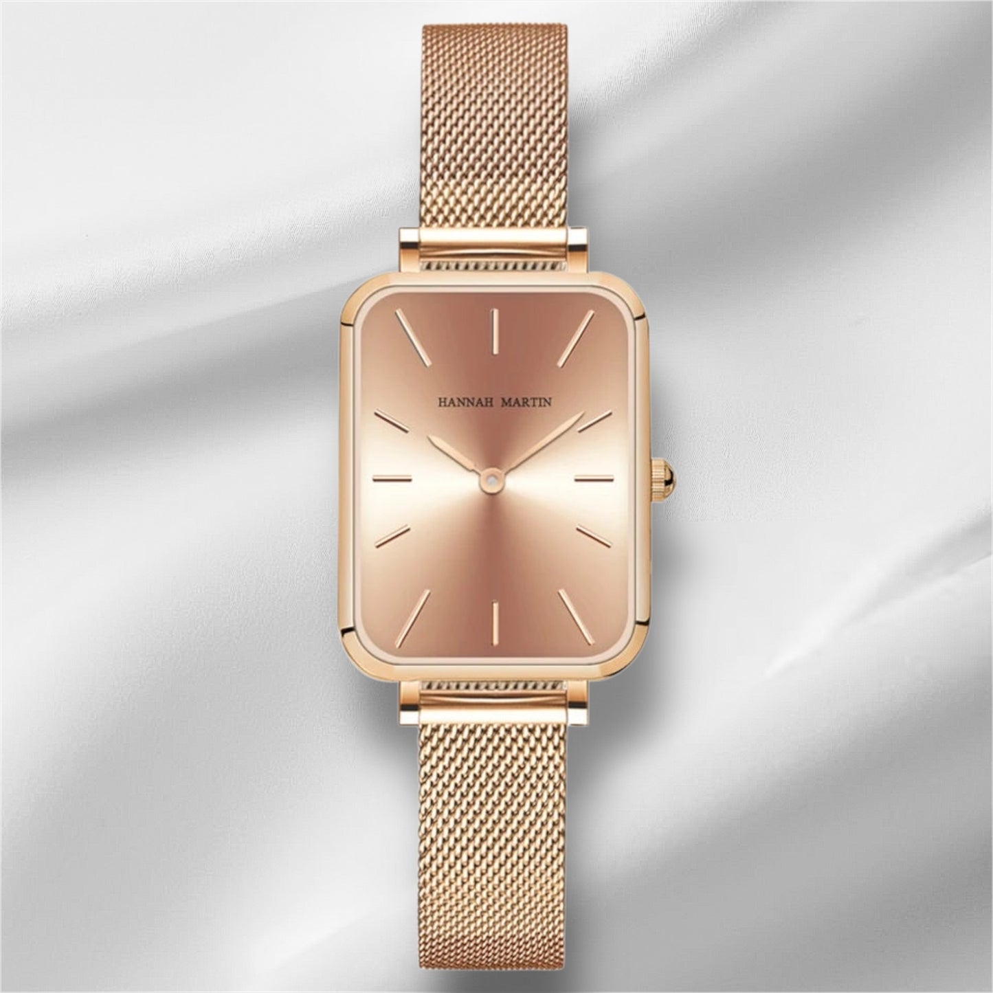 “Square Women’s Stainless Steel Mesh Strap Watch, Rose Gold, Japanese Movement, Fashion.”