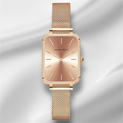 “Square Women’s Stainless Steel Mesh Strap Watch, Rose Gold, Japanese Movement, Fashion.”