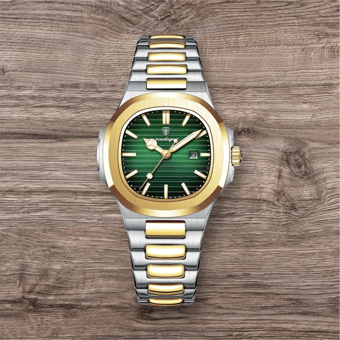 “Luxury waterproof square women’s watch with luminous date, stainless steel, quartz movement.”
