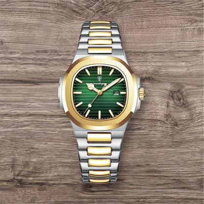 “Luxury waterproof square women’s watch with luminous date, stainless steel, quartz movement.”