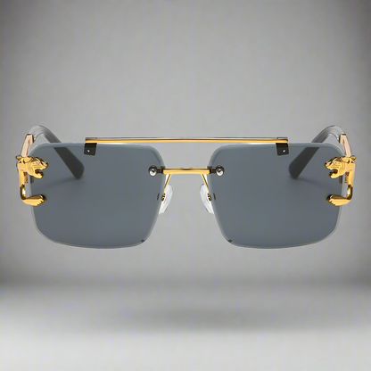“Rimless square sunglasses with double bridge, vintage unisex fashion style.”