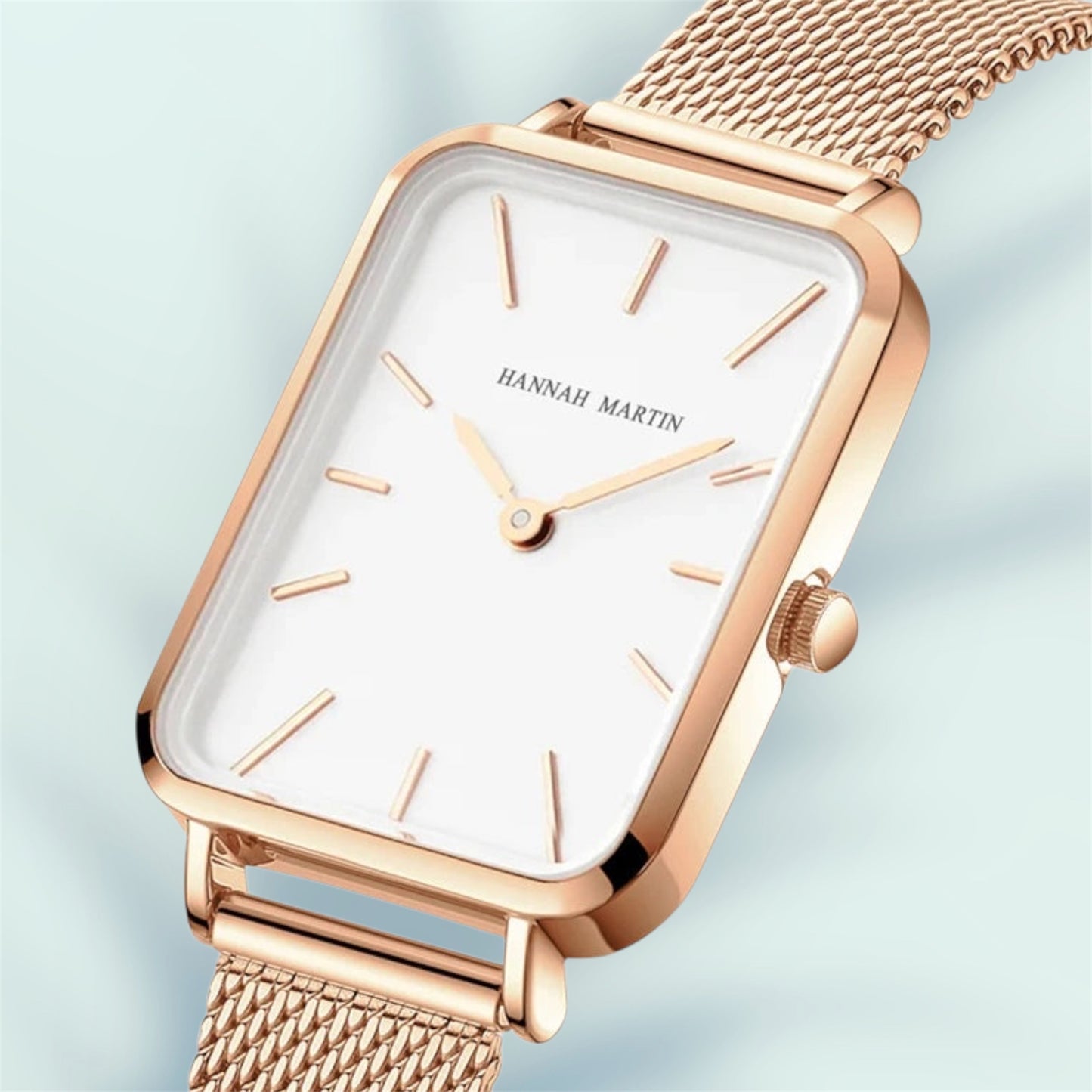 “Square Women’s Stainless Steel Mesh Strap Watch, Rose Gold, Japanese Movement, Fashion.”