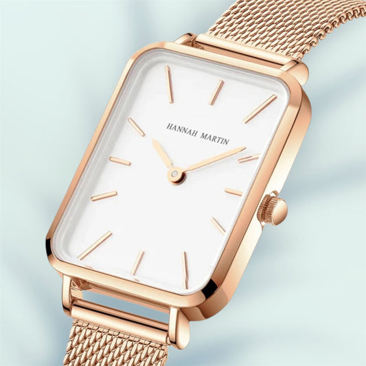 “Square Women’s Stainless Steel Mesh Strap Watch, Rose Gold, Japanese Movement, Fashion.”