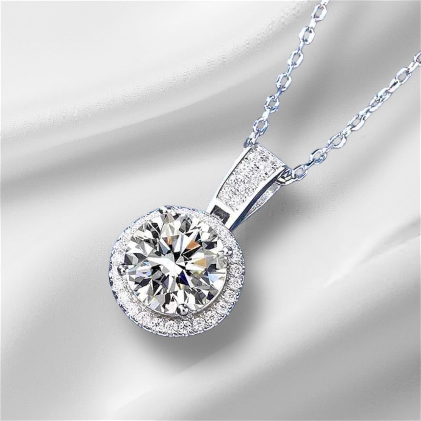 “2-carat moissanite necklace, sterling silver, white gold plated, elegant wedding jewelry.”