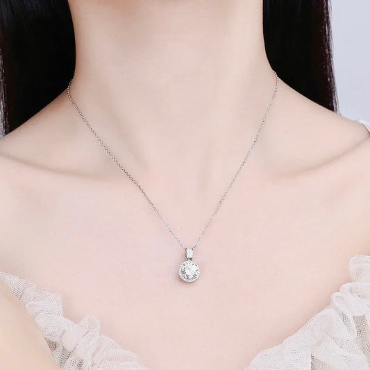 “2-carat moissanite necklace, sterling silver, white gold plated, elegant wedding jewelry.”