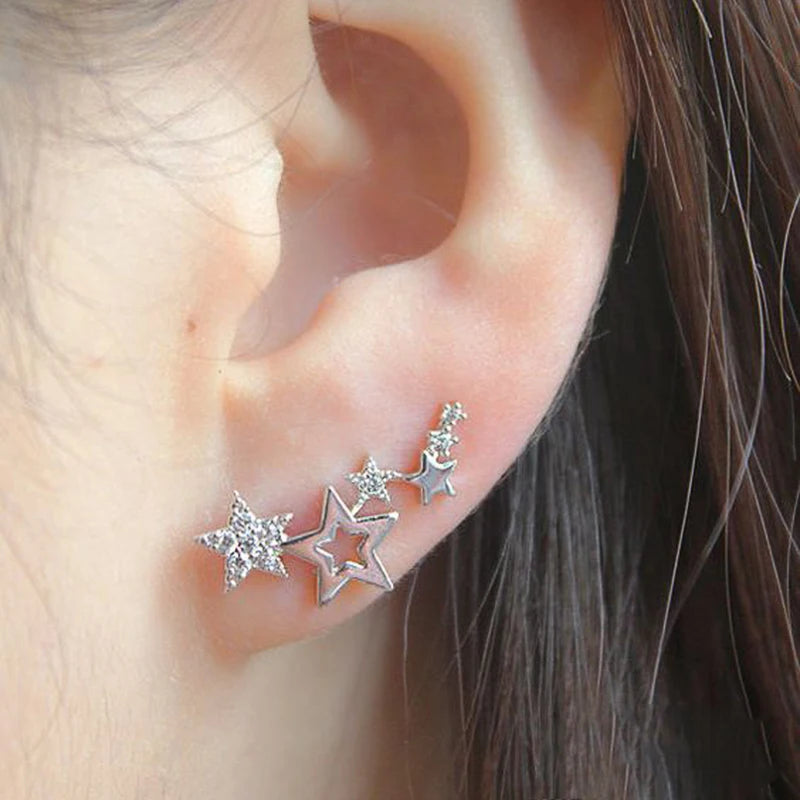 “New imitation pearl stud earrings with geometric crystal zircon stars, perfect for parties.”