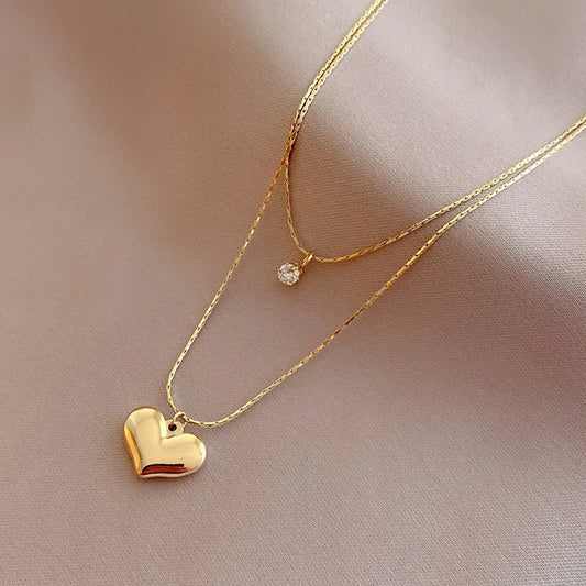 “XIYANIKE 316L Stainless Steel Double Layer Heart Pendant Necklace - Trendy Choker for Women.”