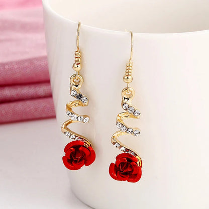 “New Fashion Red Rose Drop Earrings - Vintage Rhinestone Flowers for Weddings & Parties.”