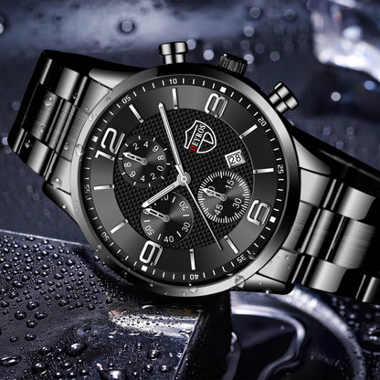 “Luxury Business Men’s Watch - Stainless Steel Quartz, Leather Strap, Luminous & Calendar.”