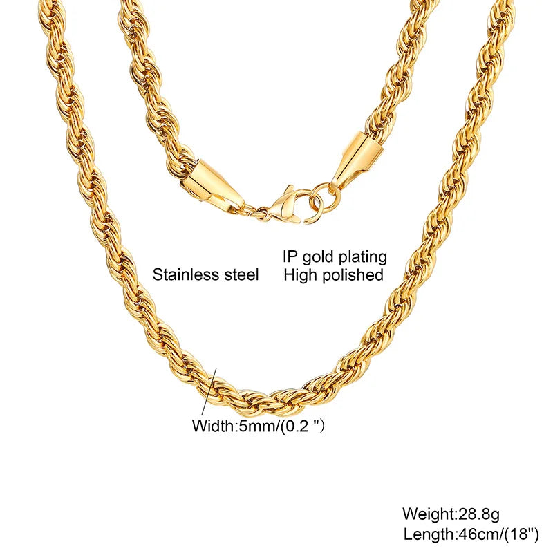 “Men’s Long Rope Necklace - Stainless Steel Minimalist Twist Chain, Gold & Silver.”