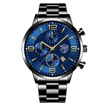 “Luxury Business Men’s Watch - Stainless Steel Quartz, Leather Strap, Luminous & Calendar.”