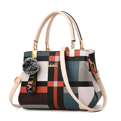 “Luxury women’s plaid handbag, stitching design, shoulder messenger tote, stylish and versatile.”
