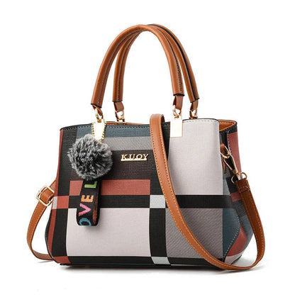 “Luxury women’s plaid handbag, stitching design, shoulder messenger tote, stylish and versatile.”