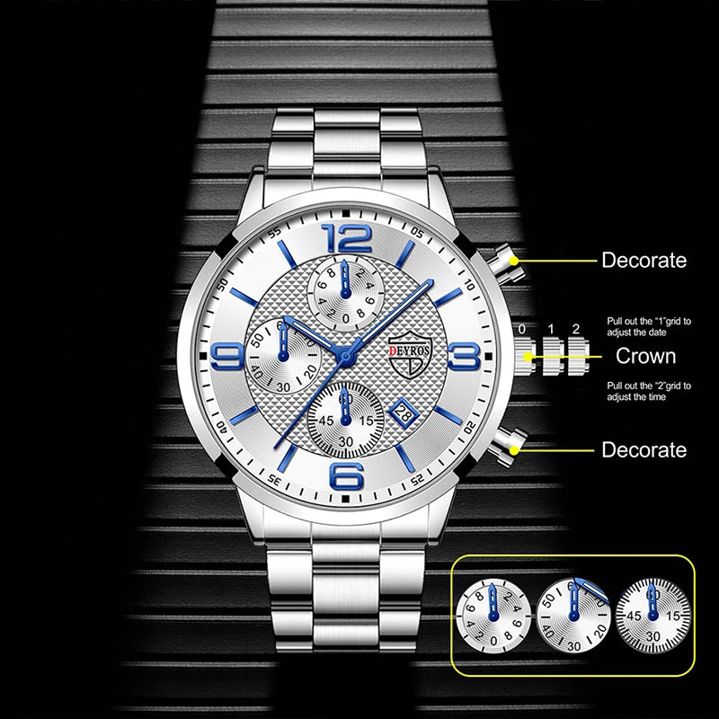 “Luxury Business Men’s Watch - Stainless Steel Quartz, Leather Strap, Luminous & Calendar.”
